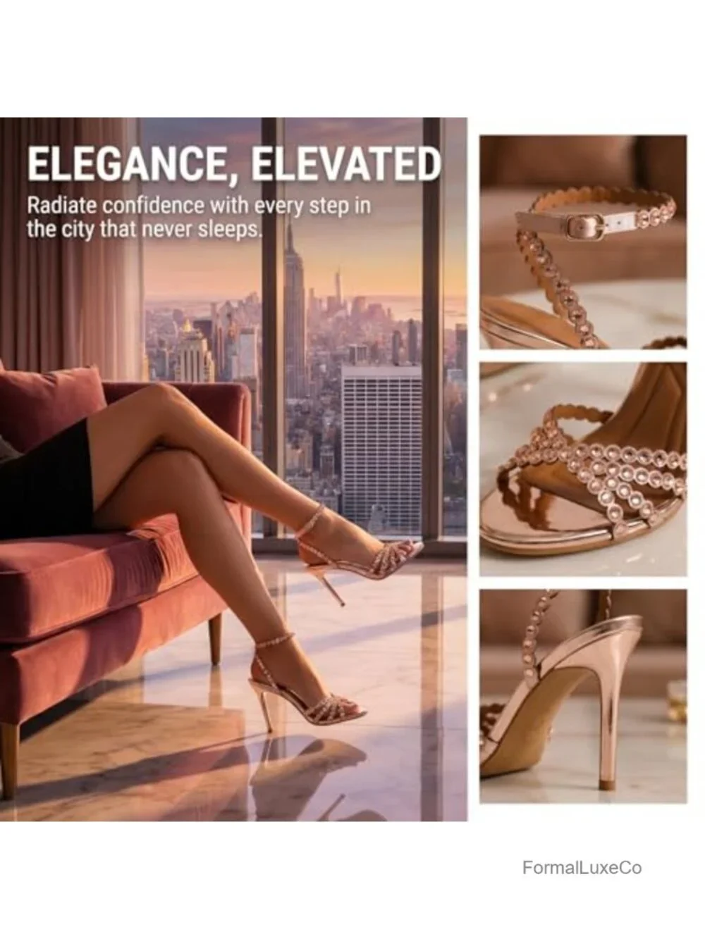 Metallic Strappy High-Heeled Sandals Rhinestone Embellishments Stiletto Heel